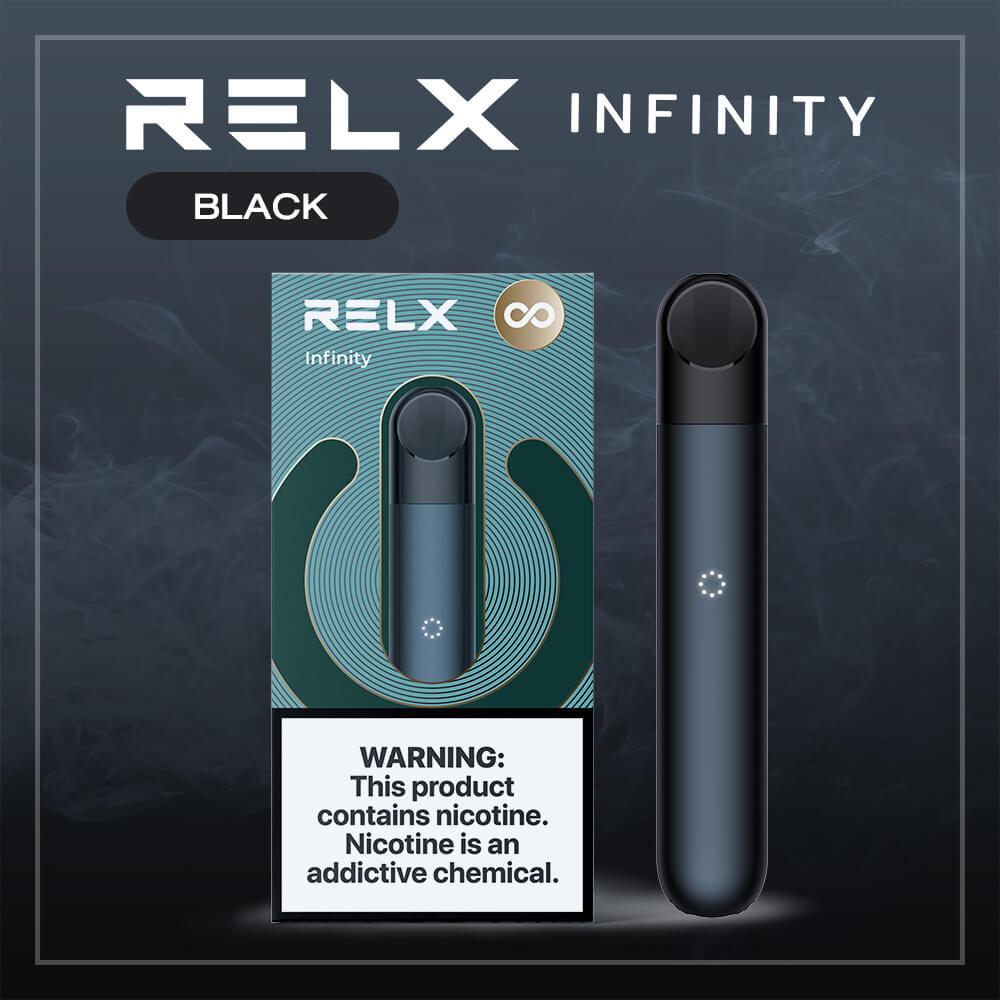 พอต relx สีดำรีแลค รุ่น relx infinity สีพื้นฐานแต่ยังคงขายดีอย่างต่อเนื่อง ชาร์จเร็วและใช้ได้นานกว่ารุ่นก่อนหน้า การันตีดีไซน์ด้วยรางวัล Red dot design