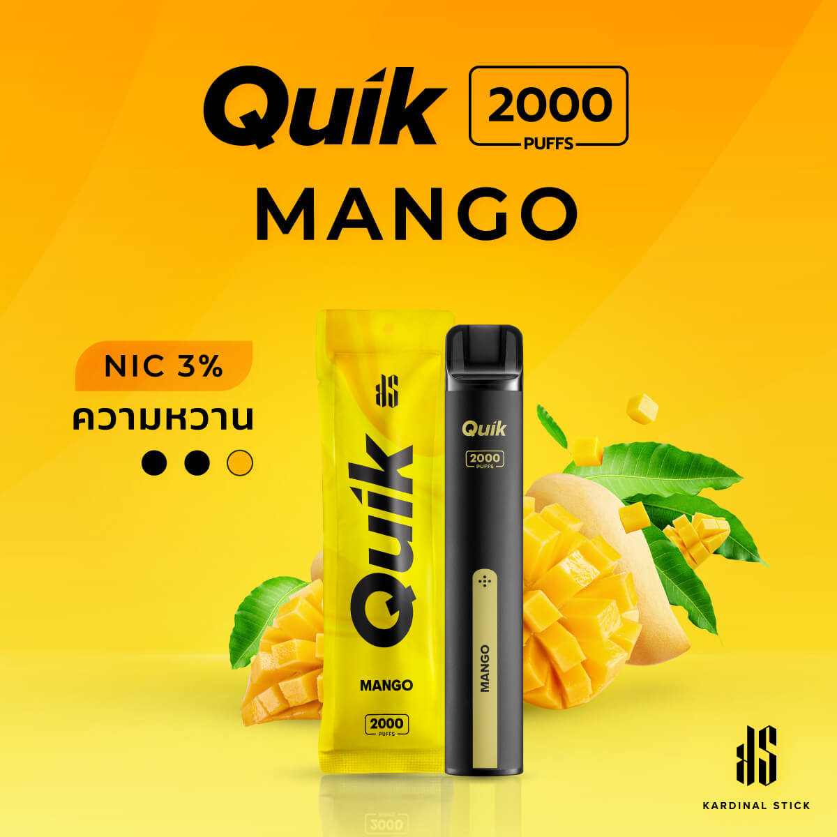 พอต quik 2000 สำหรับสาย Tropical กลิ่นมะม่วง กับรสชาติที่คุ้นเคย เป็น พอตใช้แล้วทิ้งจาก Kardinal stick ที่เราภูมิใช่นำเสนอมากที่สุด