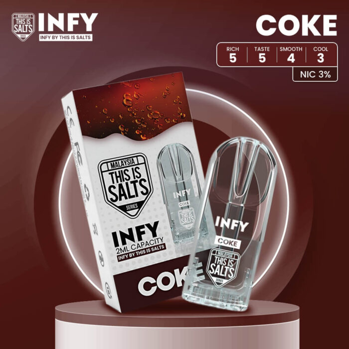 infy pod กลิ่นโค้ก หรือ Cola มาพร้อมกับนิค3% แต่เป็น3%ที่คุณภาพสูงที่สุด เย็น สดชื่น ไม่กี่ puff ก็ถึงนิคได้ไม่ยาก high recommend สำหรับผู้ใช้ Relx Infinity