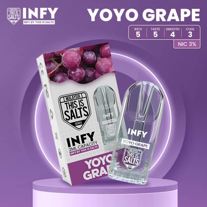 infy พอตหัวใส กลิ่นองุ่นโยโย่ ให้ฟีลที่นึกถึงขนมวัยเด็ก Yoyo หนึบๆ เคี้ยวเพลิน ชุ่มคอ ยิ่งใช้คู่กับ Relx Infinity ยิ่งรีดนิคออกมาได้สมบูรณ์แบบที่สุด