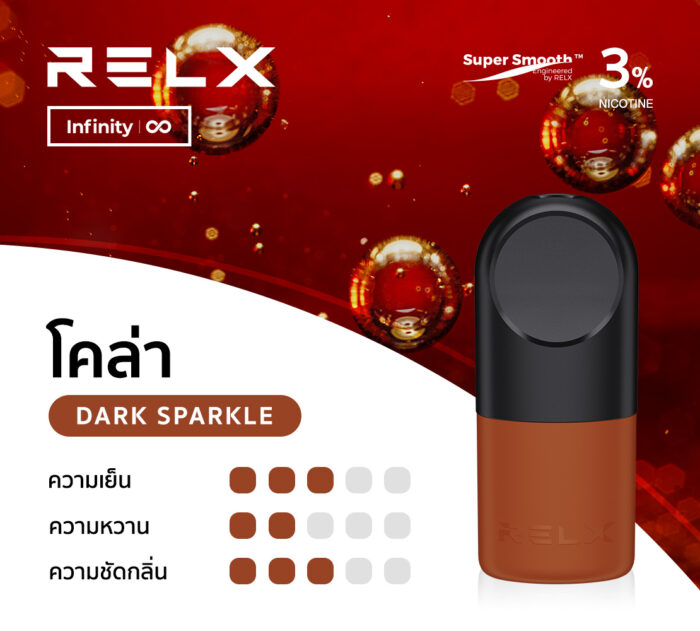 พอต relx สำหรับ relx infinity กลิ่นโคล่าซ่าๆ ที่คุ้นเคย ชัดๆ แน่นๆ พร้อมกับนิโคติน 3% ลงตัวเมื่อคู่กับบุหรี่ไฟฟ้ารีแลค ที่ได้รับรางวัลการันตีอย่าง infinity