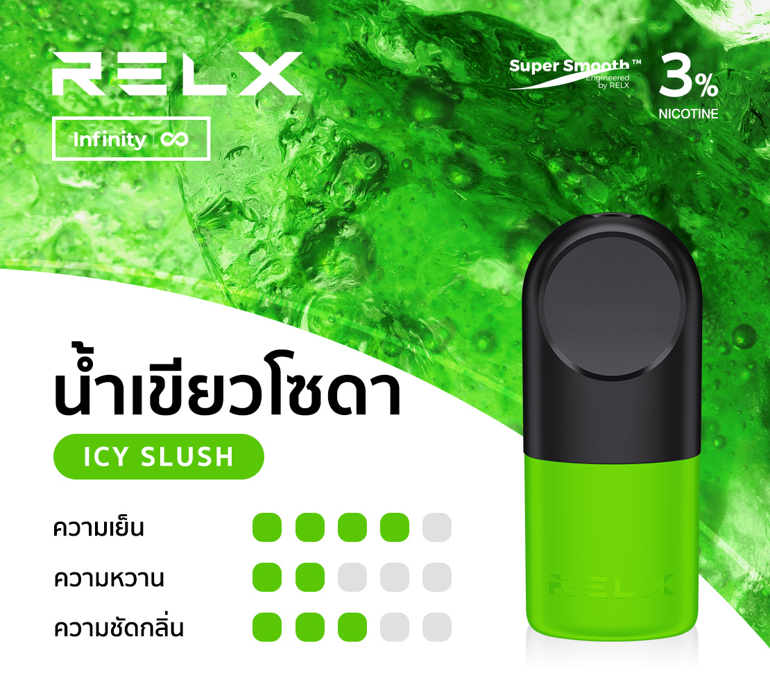 White Slush กลิ่นนำ้เขียวโซดา กลิ่นที่พอตทุกรุ่นต้องมี relx pod ก็เช่นกัน หัวพอต relx ถูกออกมาแบบมาอย่างลงตัว รีดประสิทธิภาพสูงสุดโดย relx infinity เท่านั้น