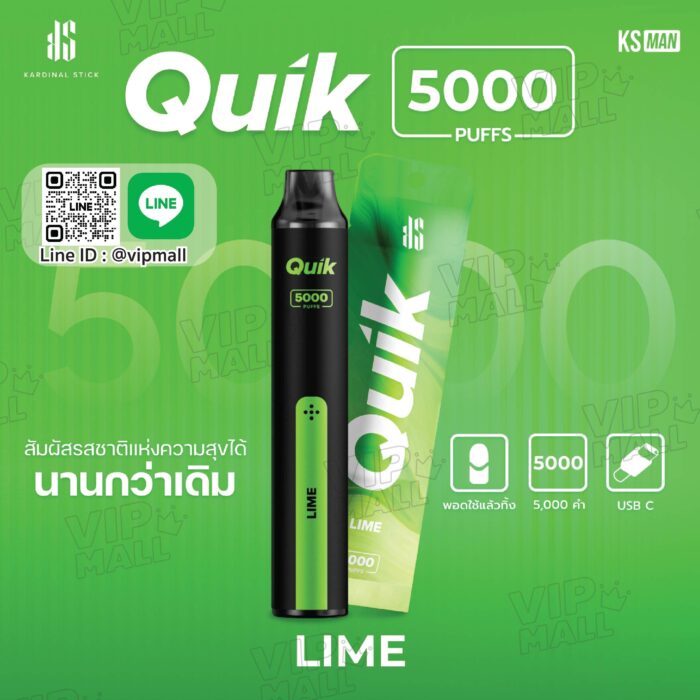 พอตใช้แล้วทิ้ง KS Quik 5000 รุ่นใหม่ล่าสุดของค่าย Kardinal Stick กลิ่นมะนาวเปรี้ยวสดชื่น Fresh สุดๆ ปริมาณคำสูบเพิ่มมากขึ้น ให้รสสัมผัสความหอมยาวนาน