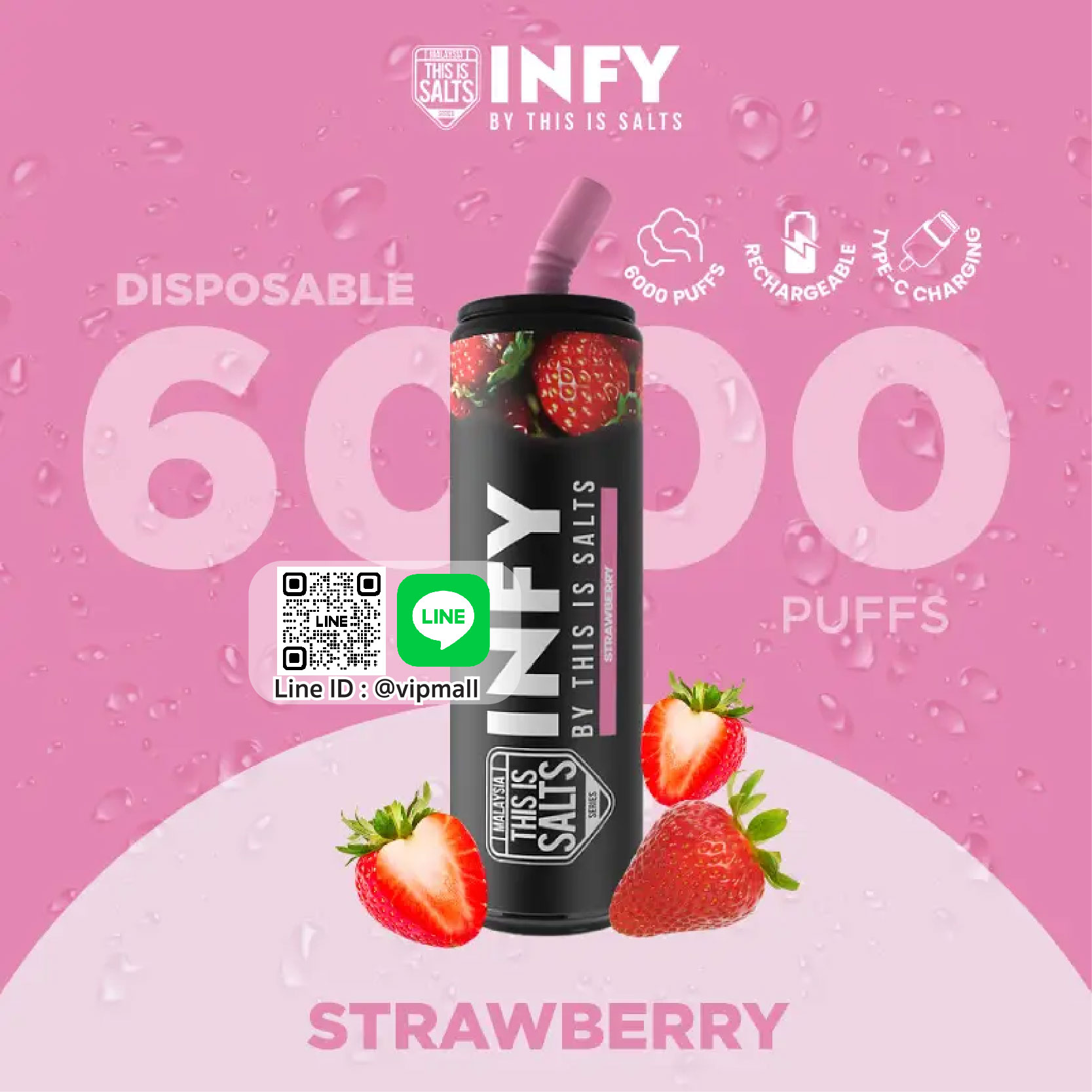 INFY 6000 Puff กลิ่น สตรอเบอร์รี่ พอตใช้แล้วทิ้ง มีเหรอจะพลาดกลิ่นคุ้นเคยอย่างสตรอเบอร์รี่ หอมสุดชื่น แต่ใช้ยังไงก็ไม่เบื่อ เต็มอิ่มถึง 6000 คำ